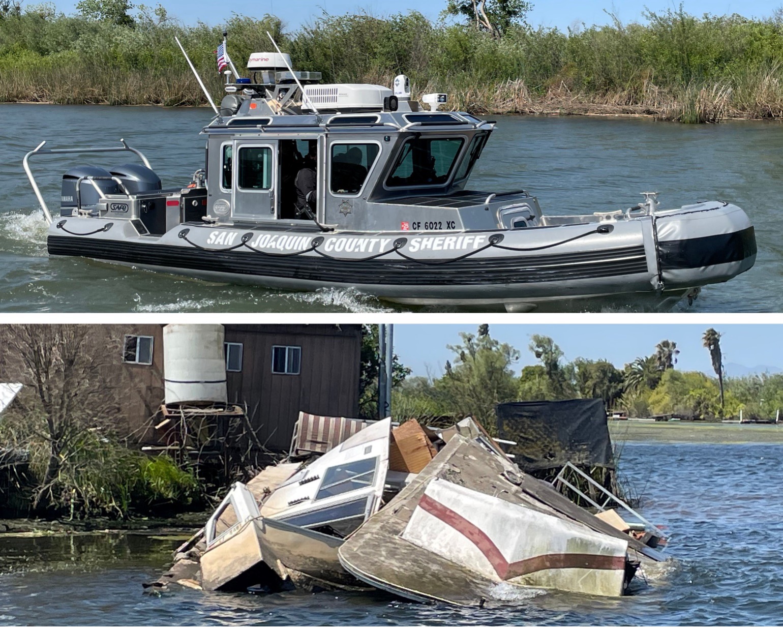 Image of a San Joaquin County Sheriff's Office boat and an abandoned vessel.